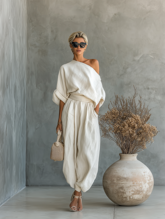 Dámská lněná souprava Off-White s topem s odhalenými rameny a zúženými kalhotami