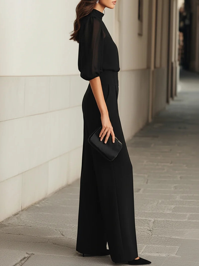 Valentina • Černá třídílná souprava, skládající se z průsvitného topu typu camisole a kalhot se širokými nohavicemi