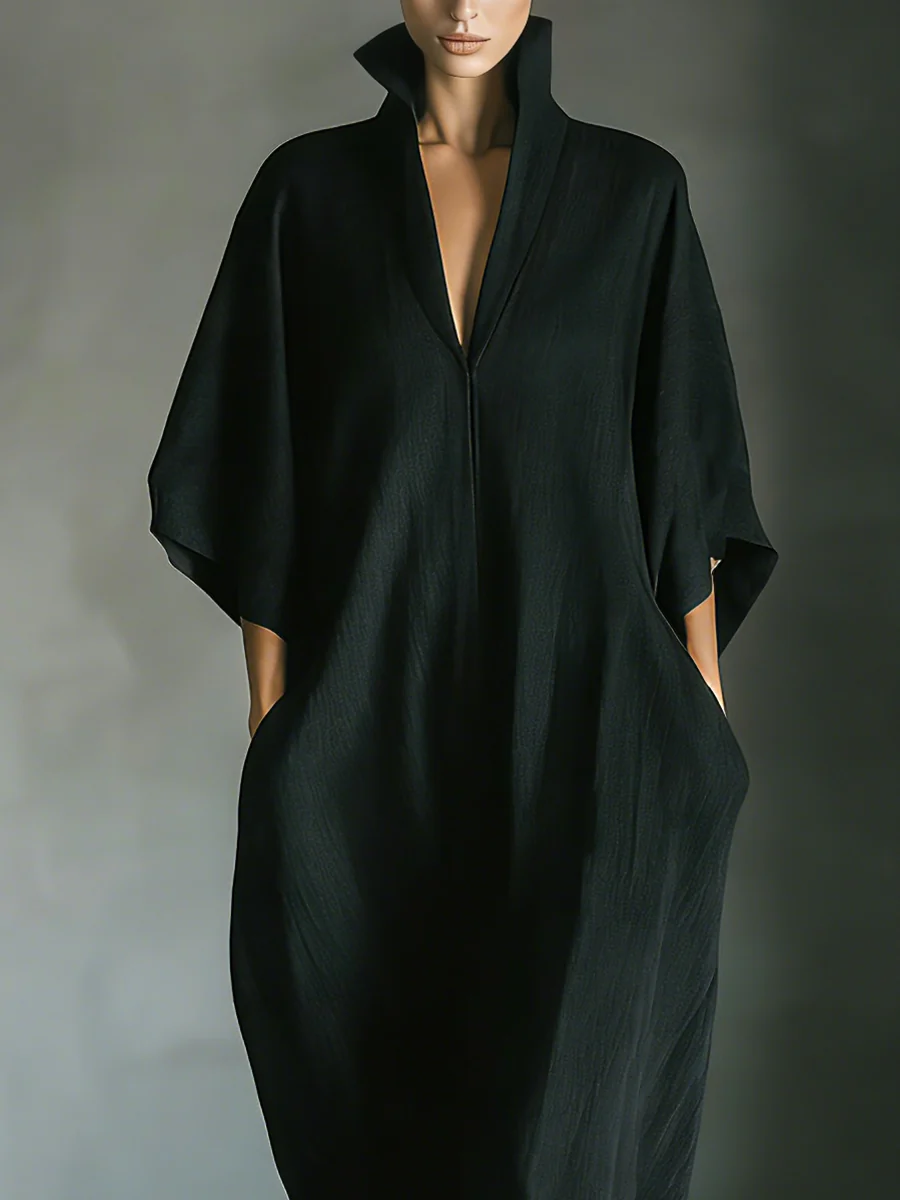 Alessandra • Minimalistické černé oversize dlouhé šaty s kimono rukávy