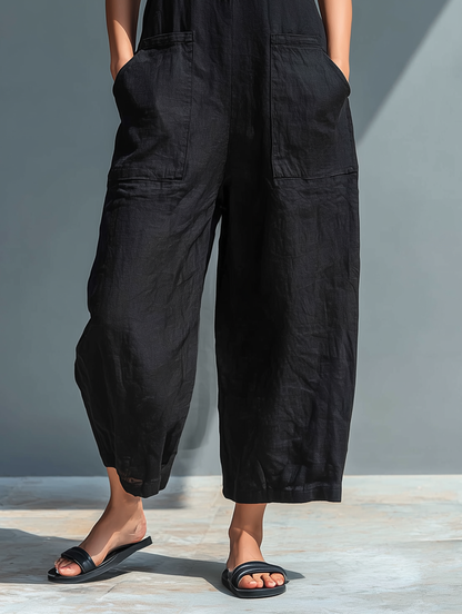Minimalistický overal bez rukávů z lněné směsi pro dámy se stojáčkem a knoflíky